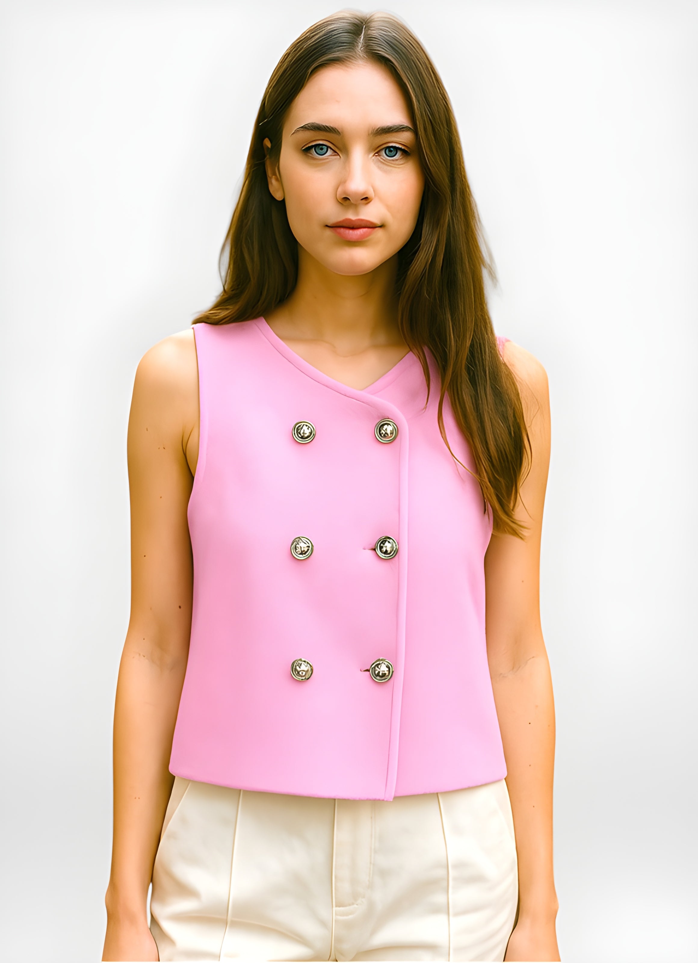 Kurze rosa Weste für Damen – Zweireihiges ärmelloses Top