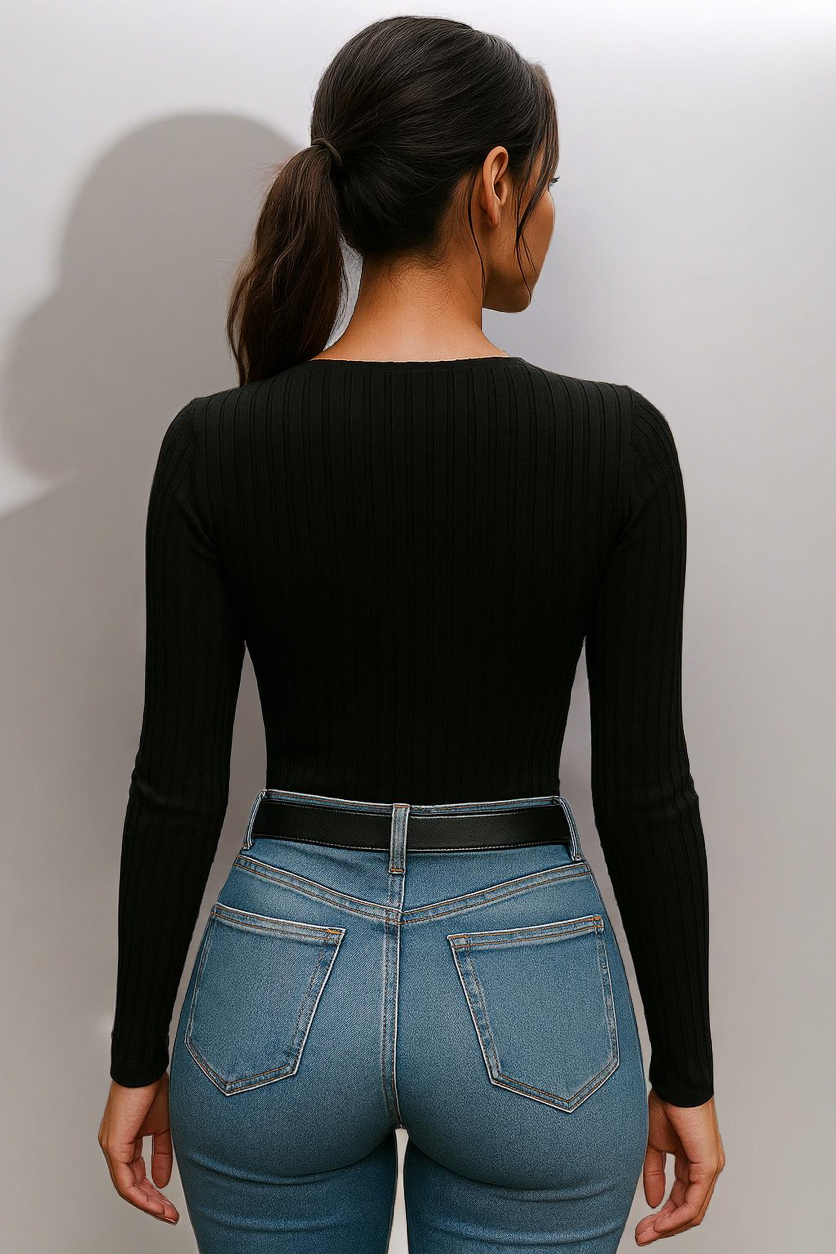 Top de punto acanalado con escote corazón – Básico de manga larga y corte entallado