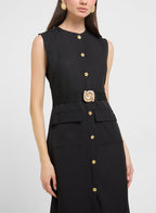 Elegant Black Office Midi Dress – Sleeveless Spring Belted Vintage Look