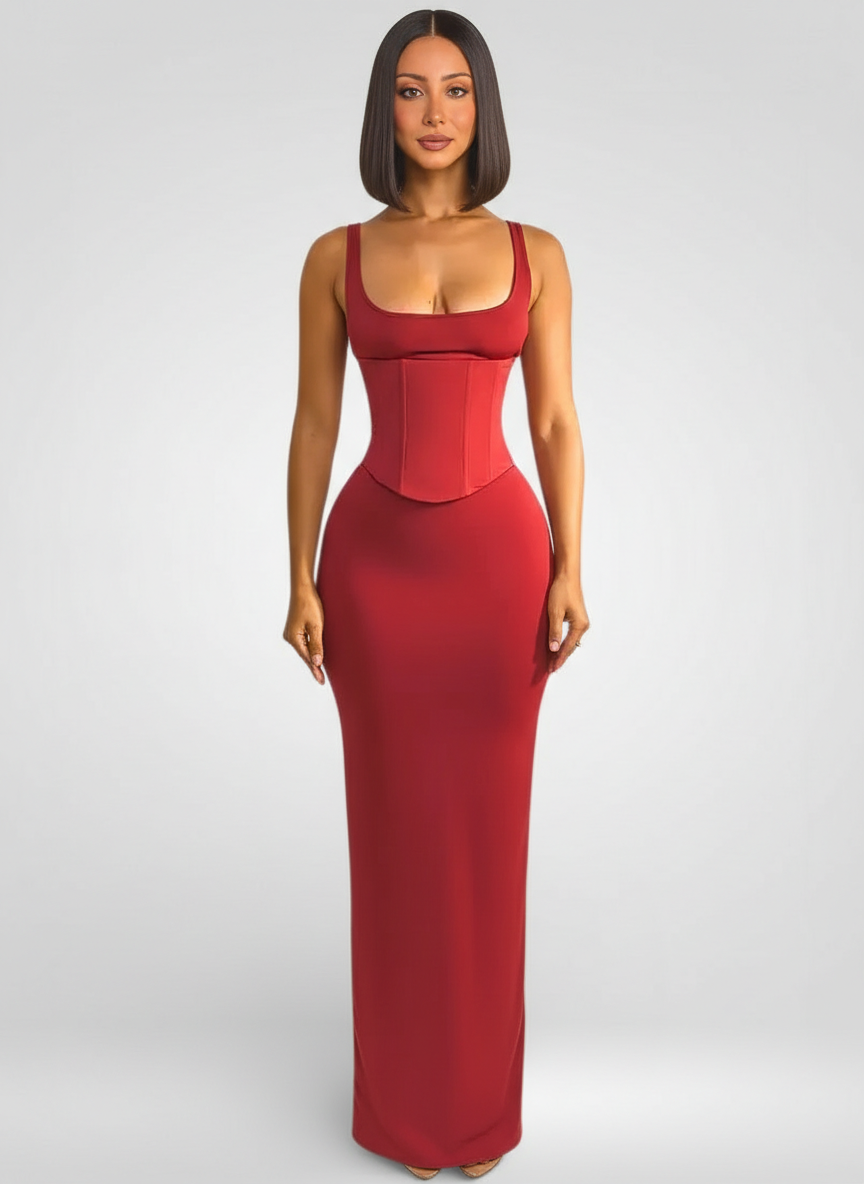 Elegantní korzetové maxi šaty s hranatým výstřihem