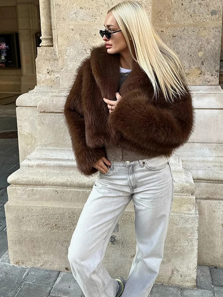 Women's Retro Plush Vegan Fur Lapel Jacket – Soft Cropped Winter Coat