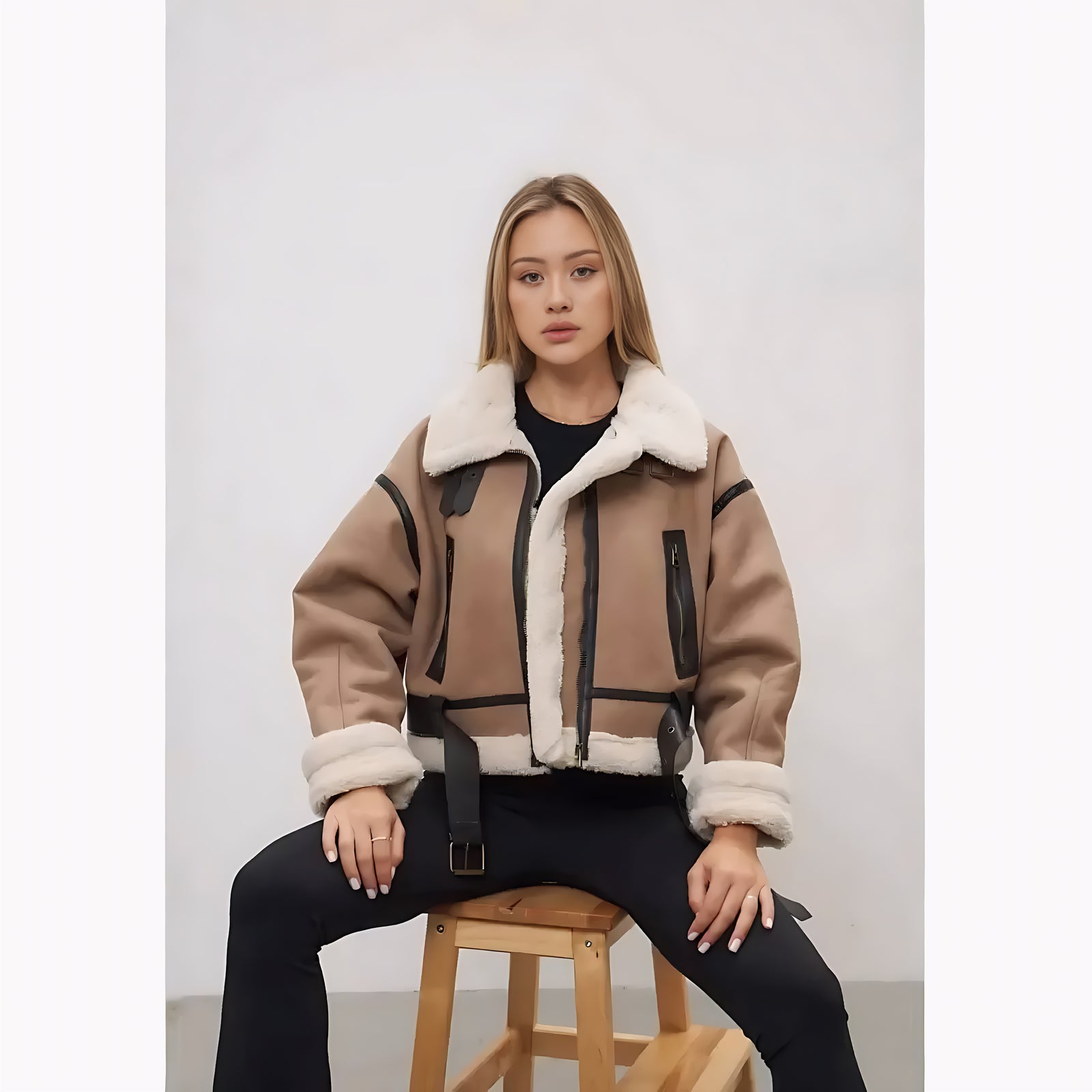 Dámská termo bomber bunda z ovčí kůže – silný vintage zimní kabát s šerpou a klopou 