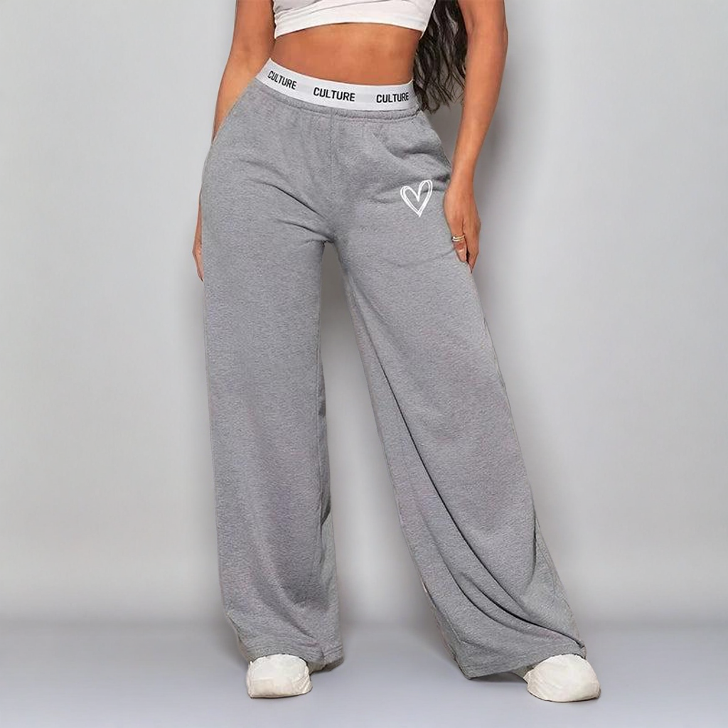FlowMuse Wide-Leg Lounge Pants – Embroidered Heart & Branded Waistband