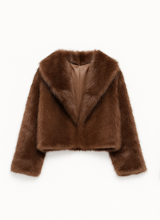 Women's Retro Plush Vegan Fur Lapel Jacket – Soft Cropped Winter Coat