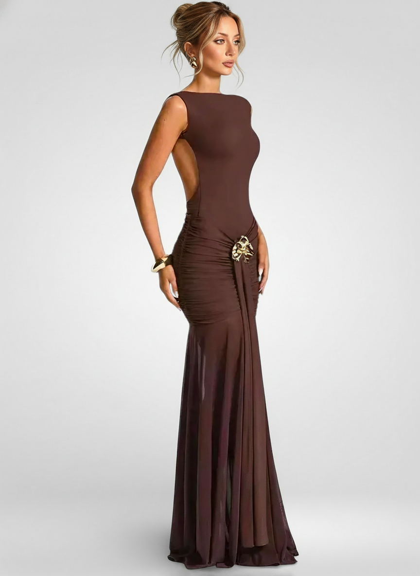 Metal Flower Backless Ruched Maxi Dress