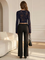 Sheer Floral Lace Crop Top with Square Neckline