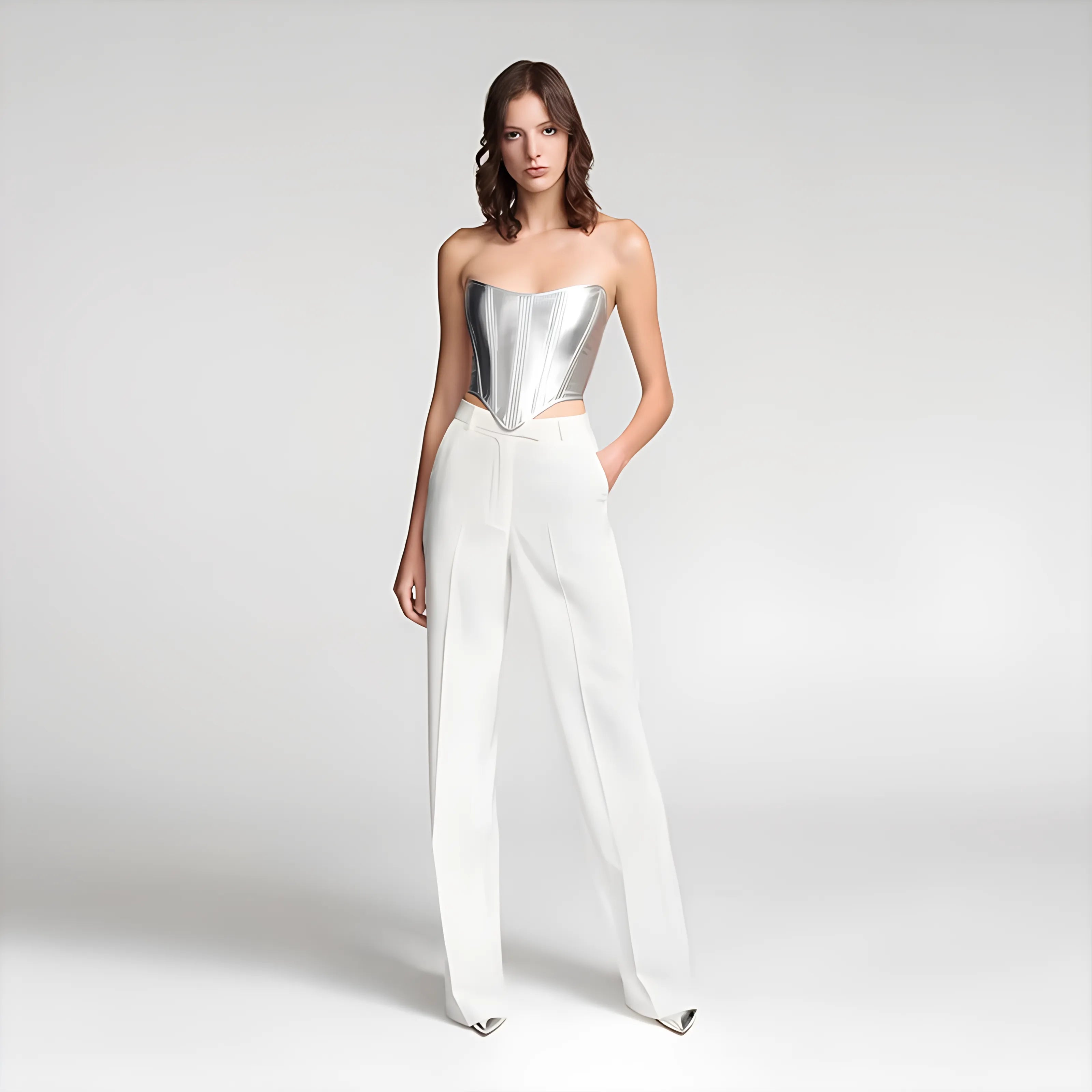 Metalický korzetový top – bez ramínek, slim fit, korzet Y2K 