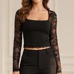 Sheer Floral Lace Crop Top with Square Neckline