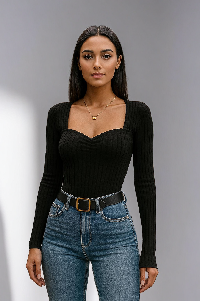 Top de punto acanalado con escote corazón – Básico de manga larga y corte entallado