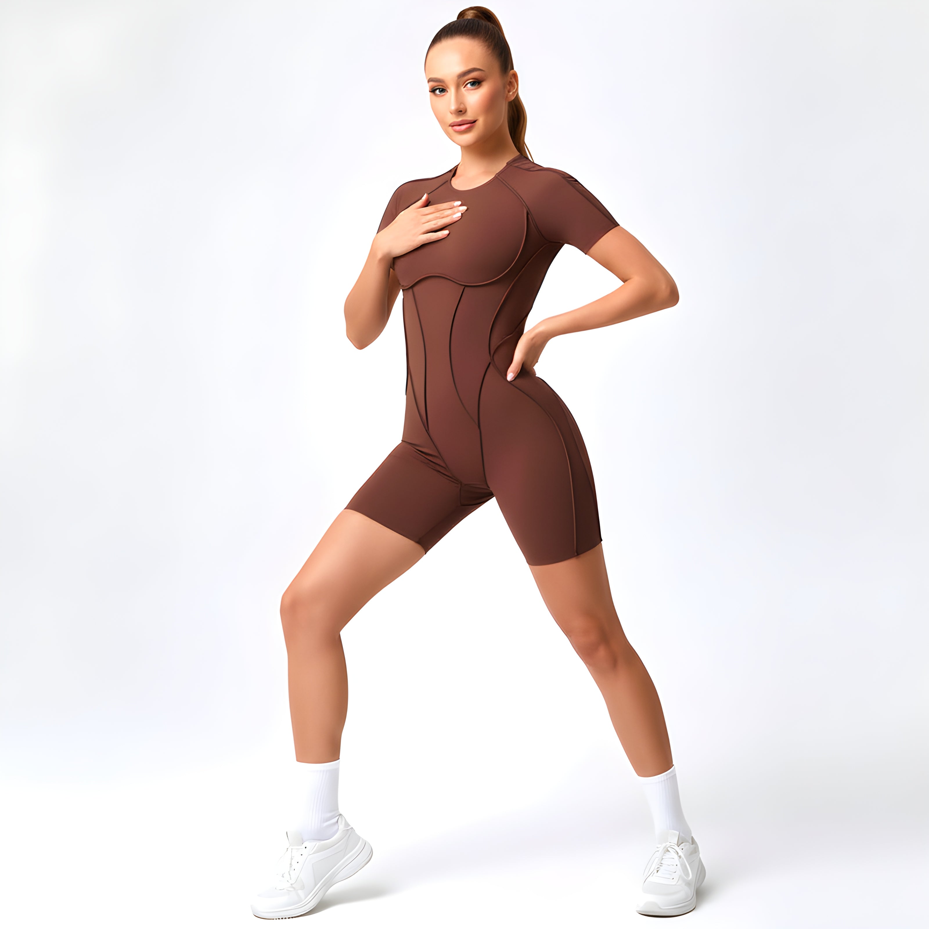 Contour Fit Yoga Romper -Brown