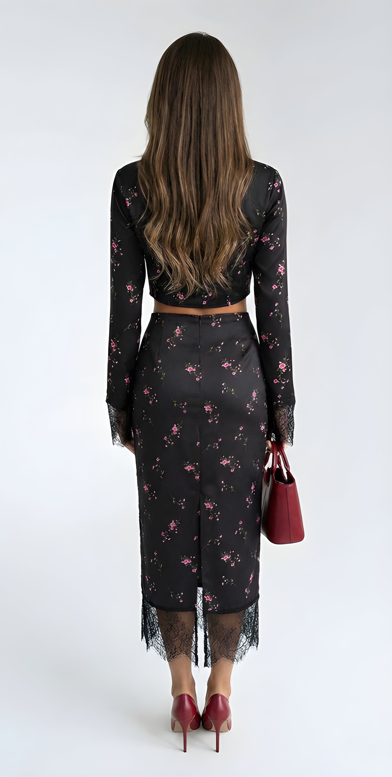 Two-Piece Slim Floral Satin Lace Ensemble