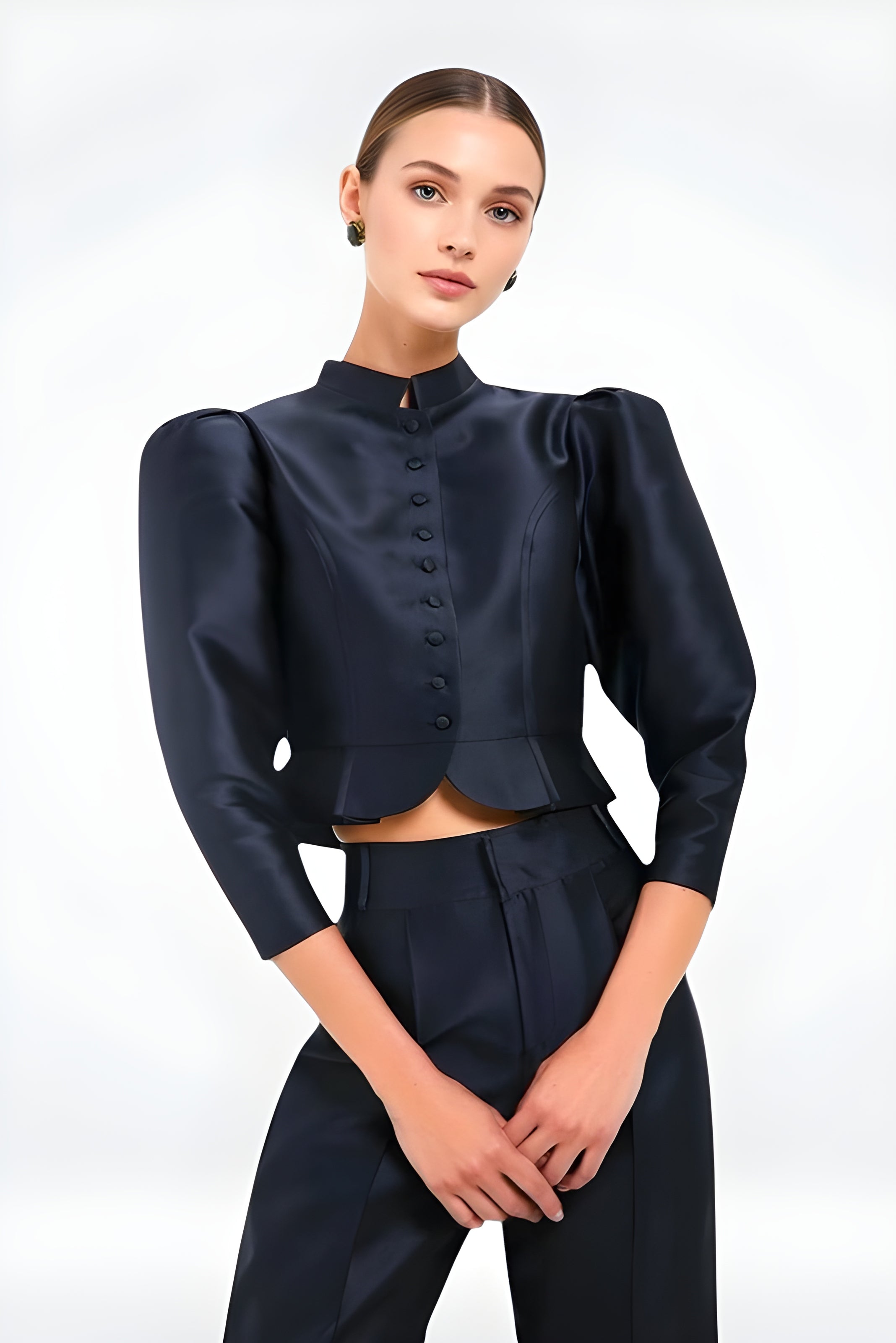 Structured Satin Peplum Blouse -Black