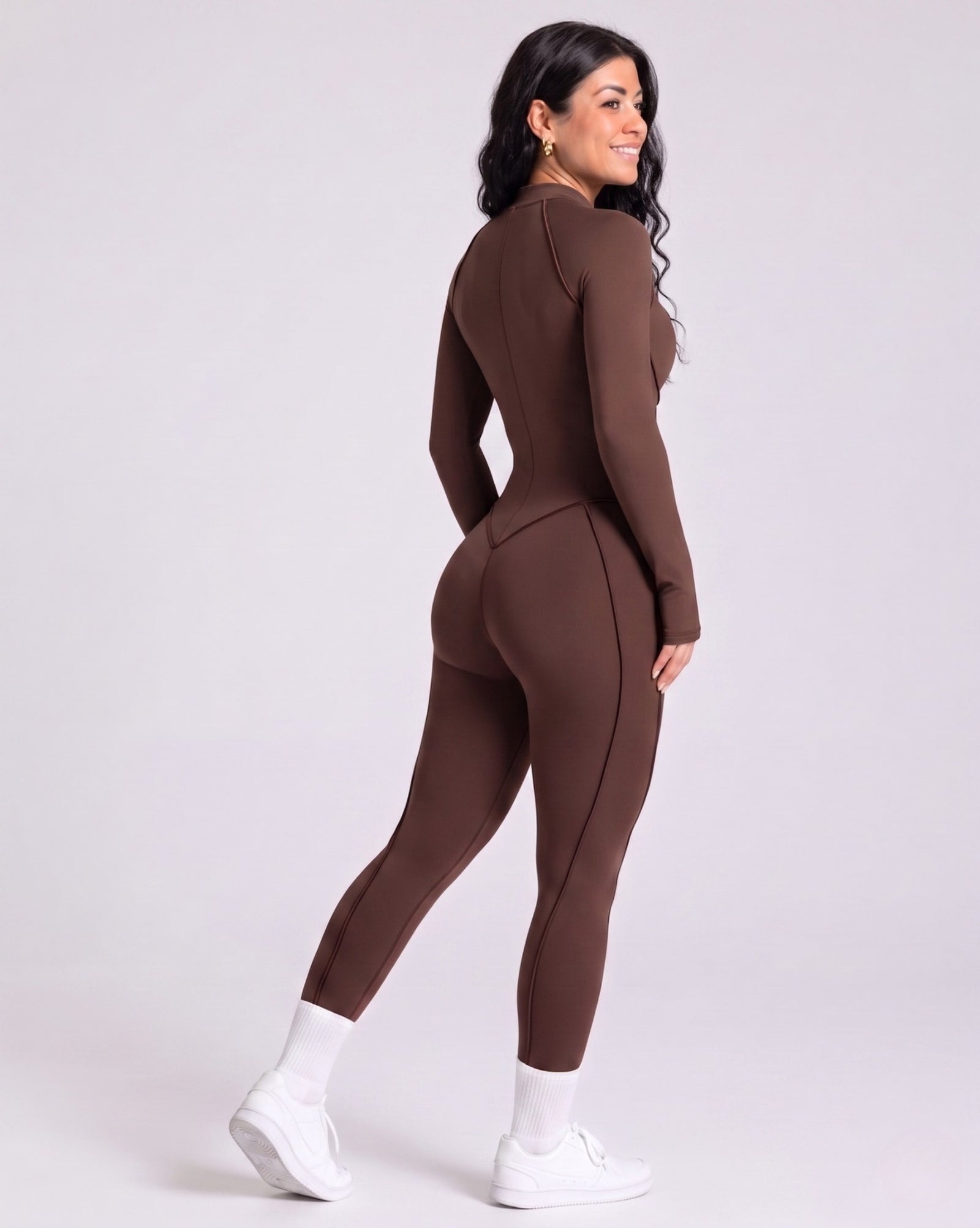 Sculpted Compression Zip-Up Jumpsuit - Brown