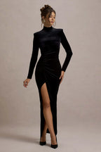 Elegant Velvet Midi Dress – High Neck & Thigh Split