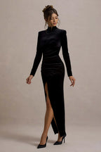 Elegant Velvet Midi Dress – High Neck & Thigh Split