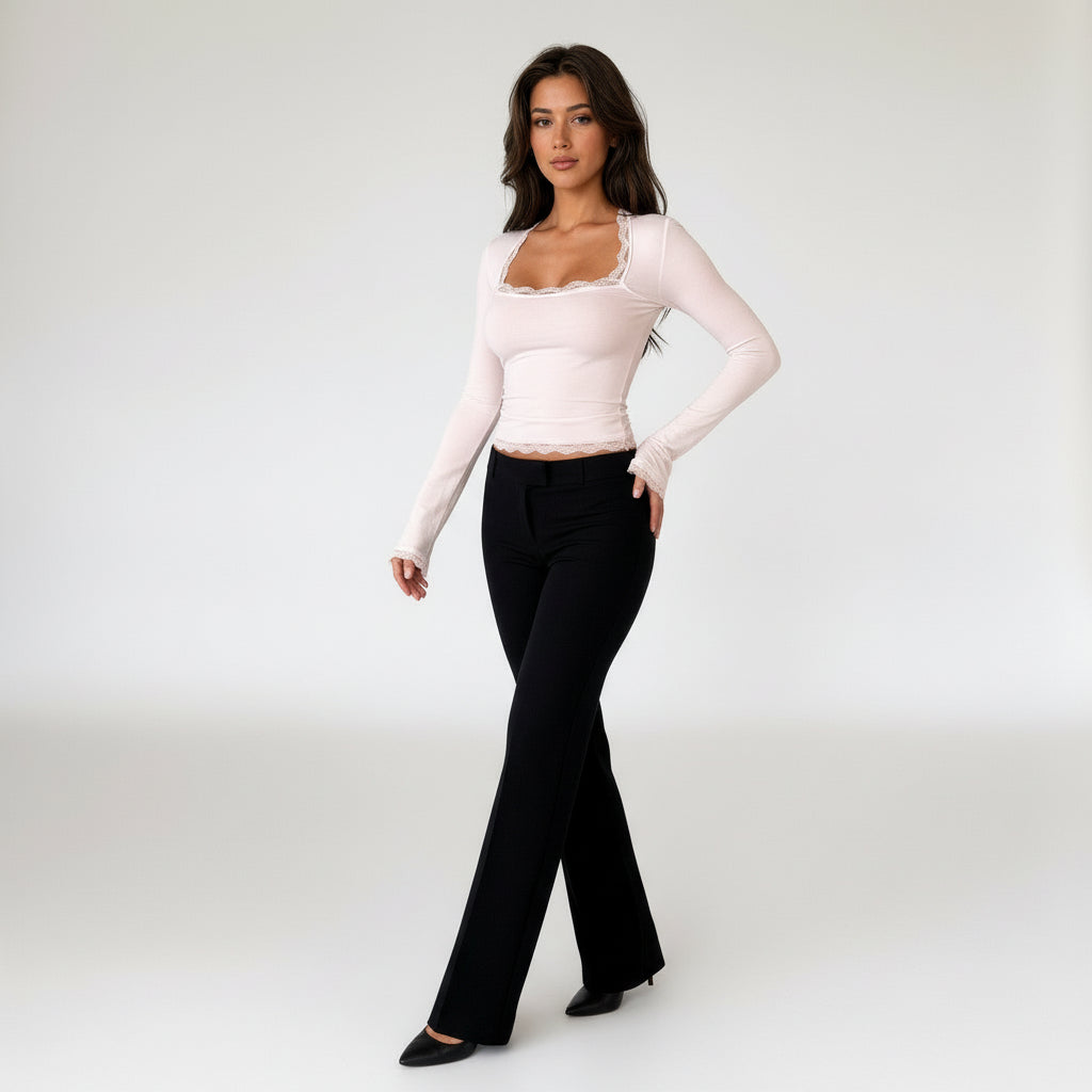 Slim Square Neck Crop Top with Flared Sleeves
