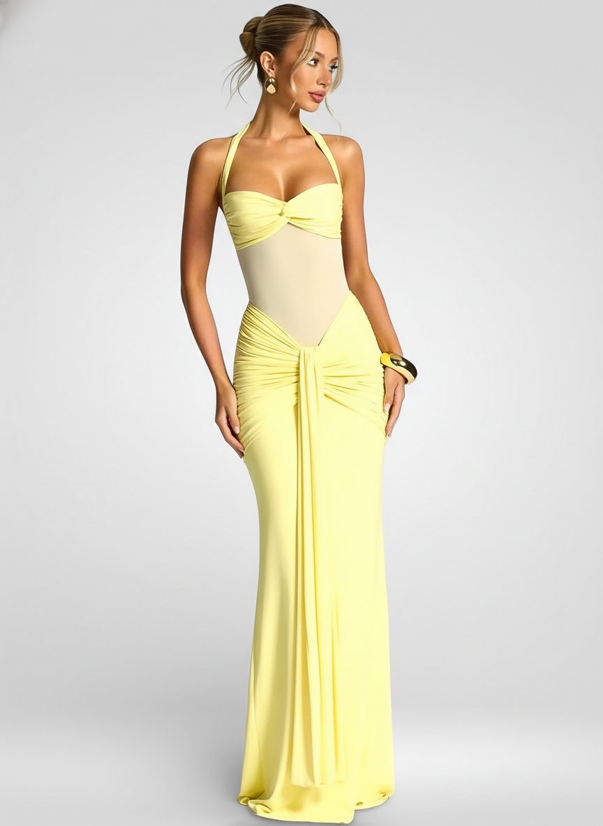 Ruched Halter Off-Shoulder Maxi Dress