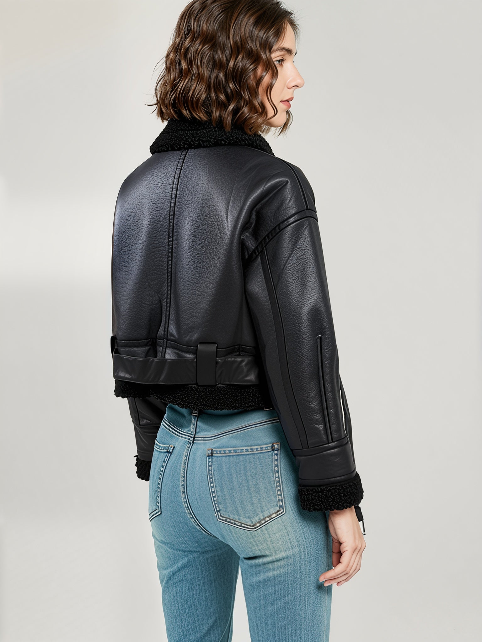PU Leather Biker Jacket – Belted Fit with Shearling Lining