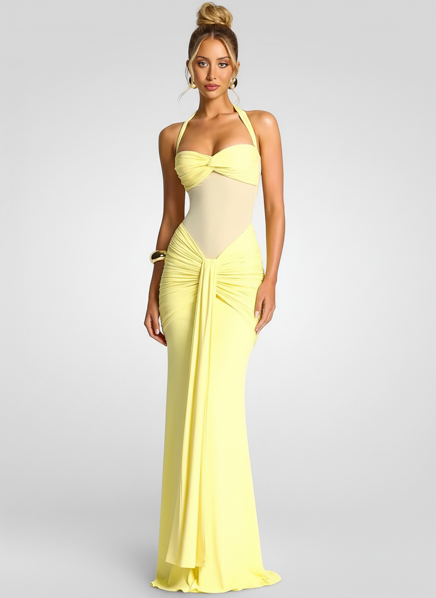 Ruched Halter Off-Shoulder Maxi Dress