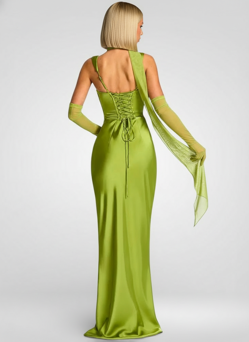 Satin Lace-Up Halter Maxi Dress