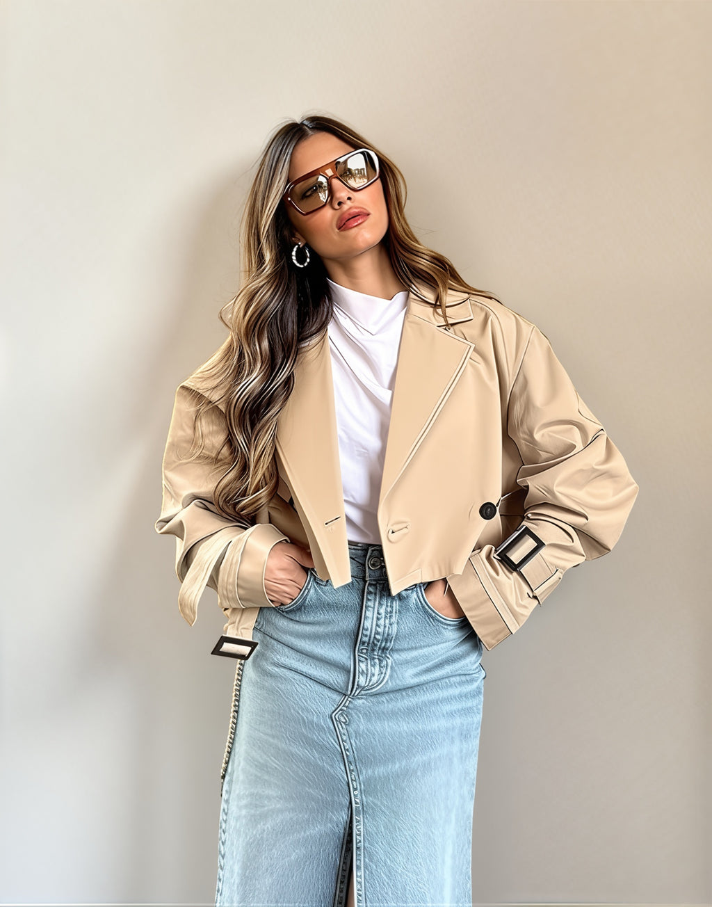 Women’s Cropped Double-Breasted Windbreaker – Retro Belted Streetwear Trench Jacket