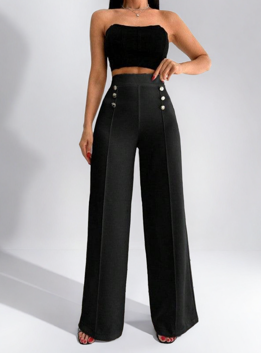 High-Waist Button Trousers – Sleek Black Straight-Leg Style
