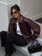 Wine Red Faux Leather Jacket – Minimalist Zip-Up Outerwear