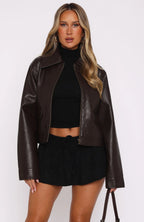 Cropped PU Leather Bomber Jacket