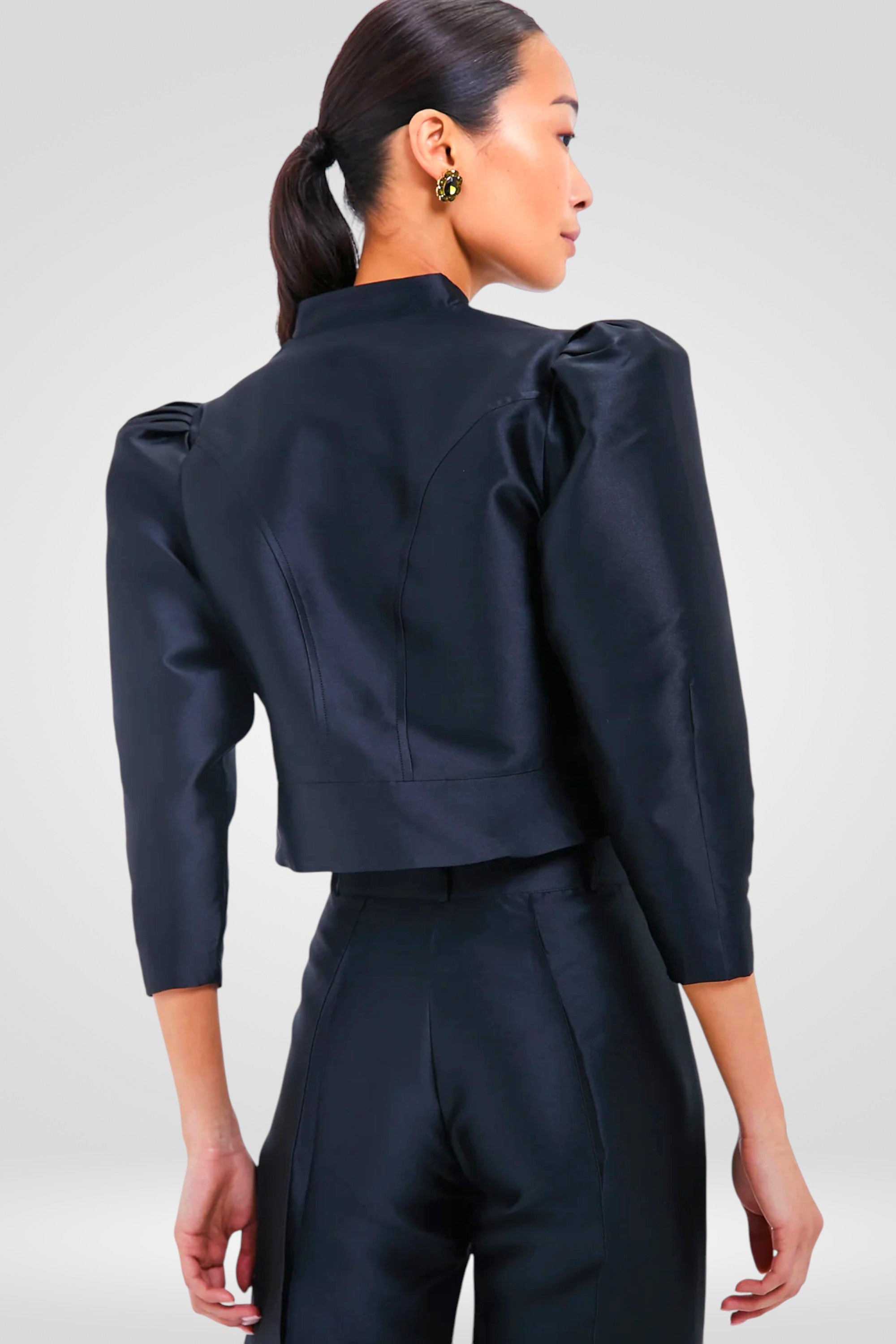 Structured Satin Peplum Blouse -Black