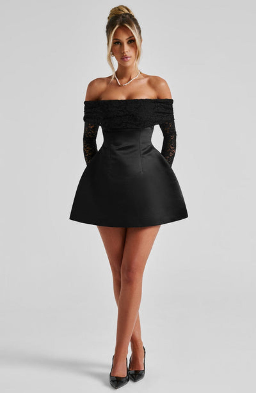 Off-Shoulder Mini Dress – A-Line Fit with Lace Long Sleeves