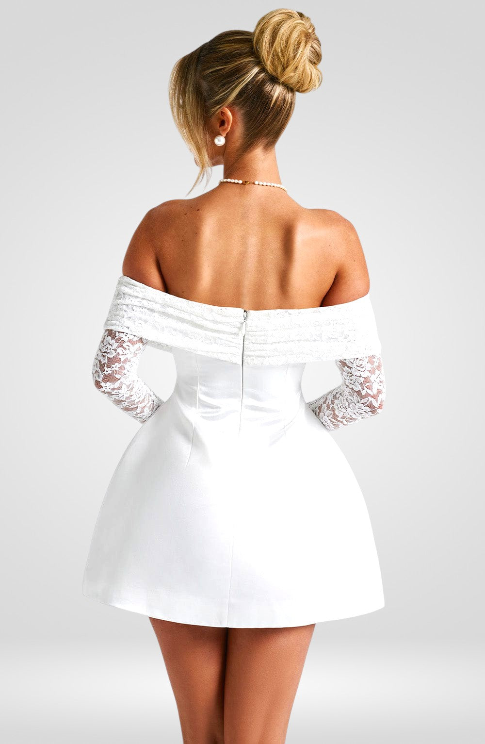 Off-Shoulder Mini Dress – A-Line Fit with Lace Long Sleeves