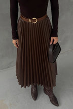 Plisovaná elegantní midi sukně – splývavý střih s vysokým pasem a jemným leskem