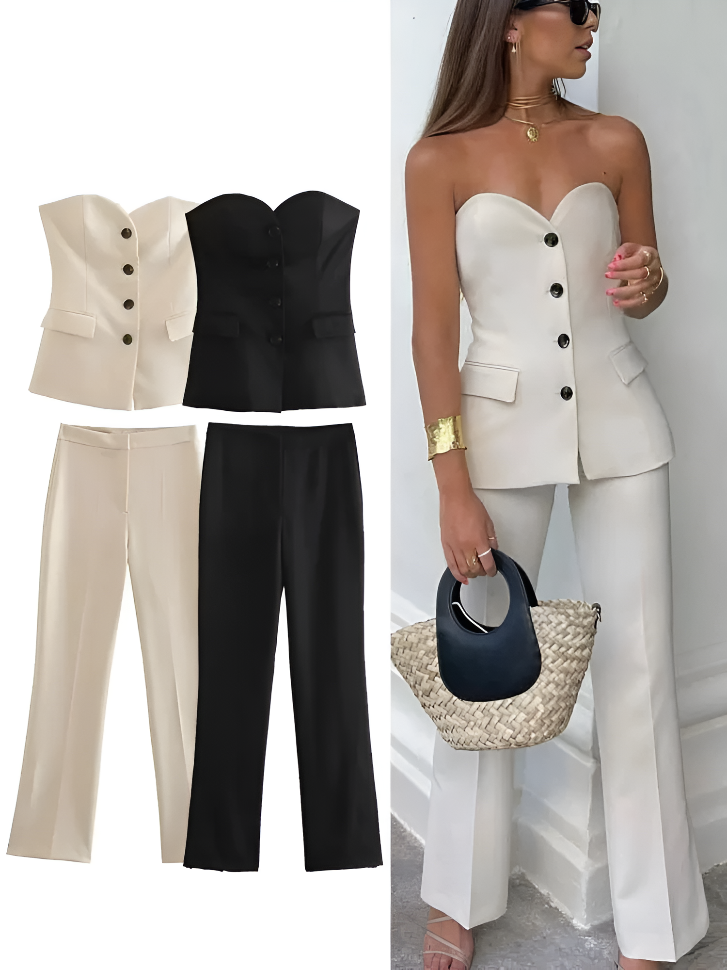 Strapless Chic – Buttoned Blazer & Slit Trouser Set