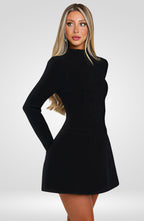 Robe courte moulante dos nu pour femme – Manches longues, col montant