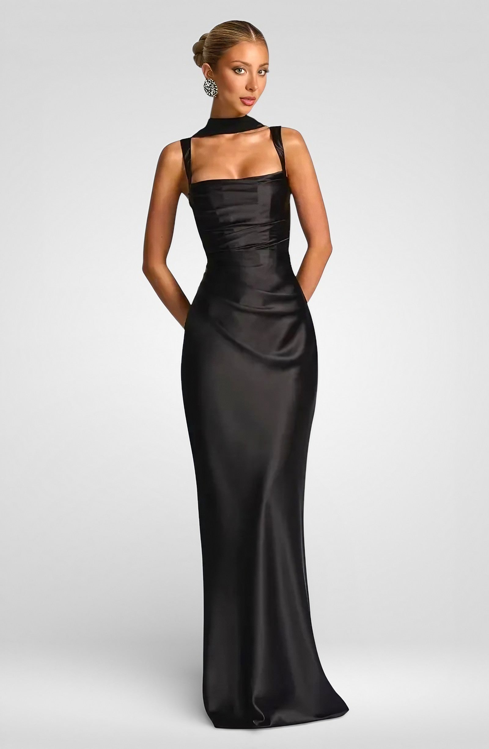 Satin Lace-Up Halter Maxi Dress