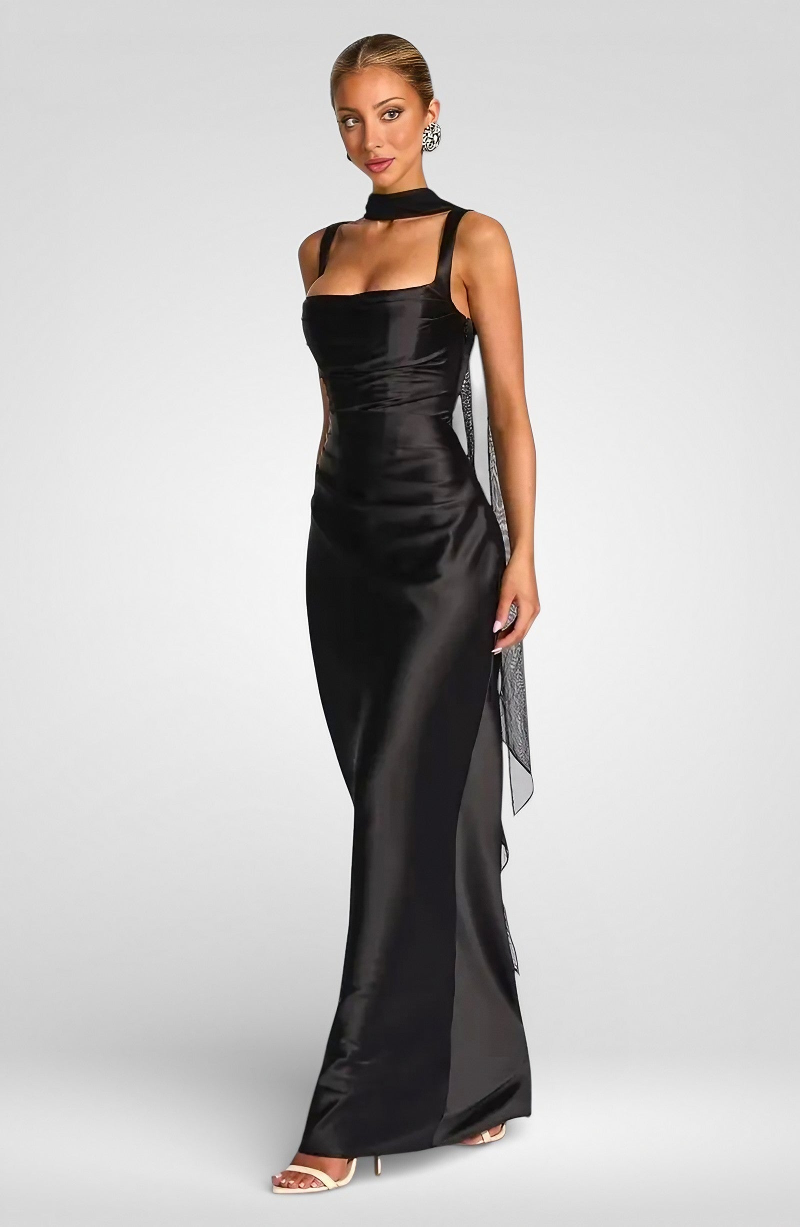 Satin Lace-Up Halter Maxi Dress