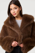 Women's Retro Plush Vegan Fur Lapel Jacket – Soft Cropped Winter Coat