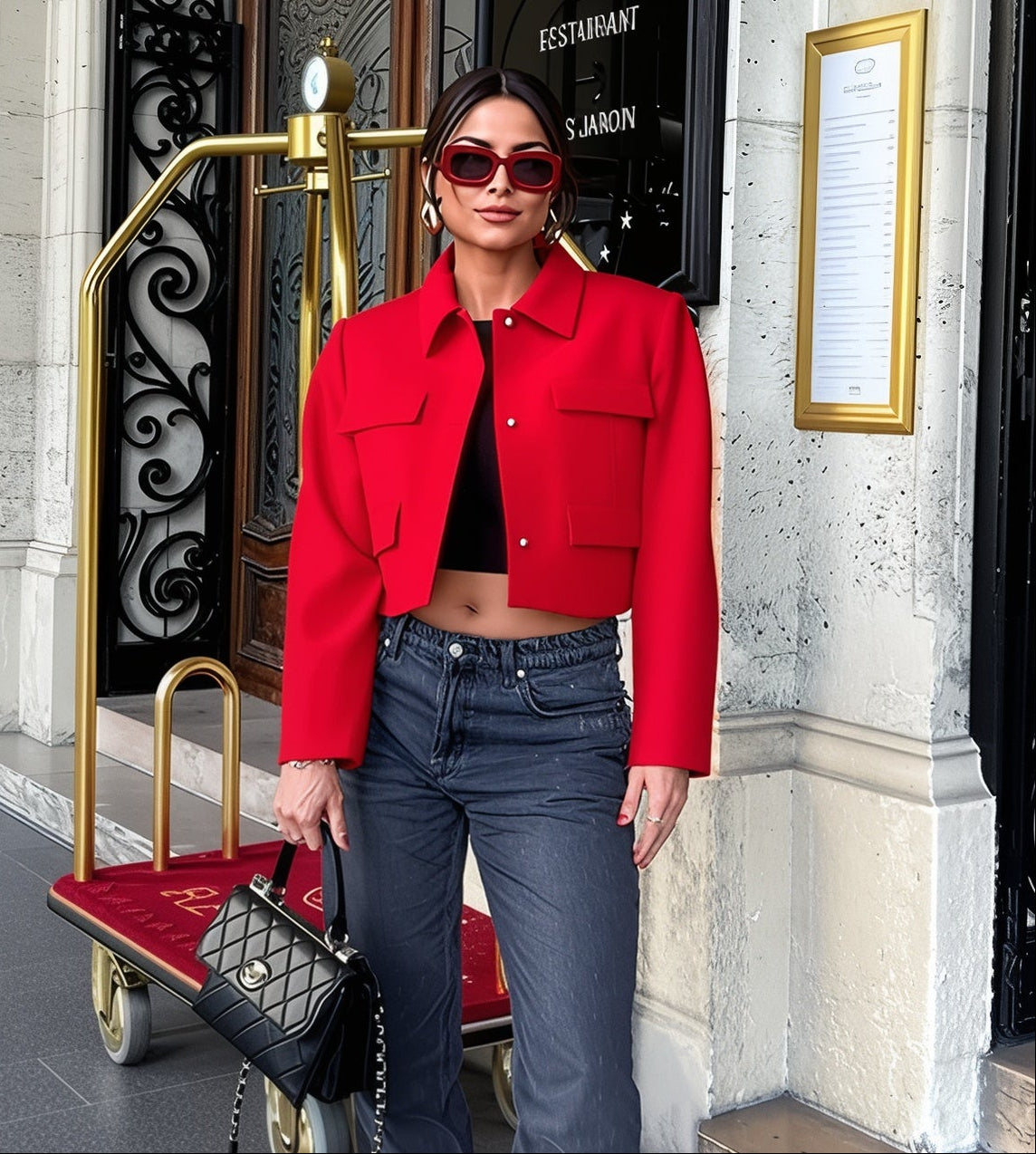 Bold Red Y2K Jacket – Cropped Boxy Fit with Collar Detail