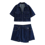 Women’s Spring V-Neck Denim Shirt & Mini Skirt Set – Casual Double-Breasted Two-Piece Outfit