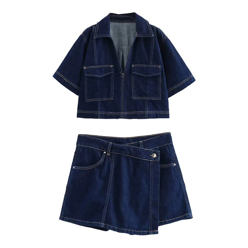 Women’s Spring V-Neck Denim Shirt & Mini Skirt Set – Casual Double-Breasted Two-Piece Outfit