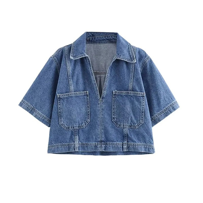 Women’s Spring V-Neck Denim Shirt & Mini Skirt Set – Casual Double-Breasted Two-Piece Outfit