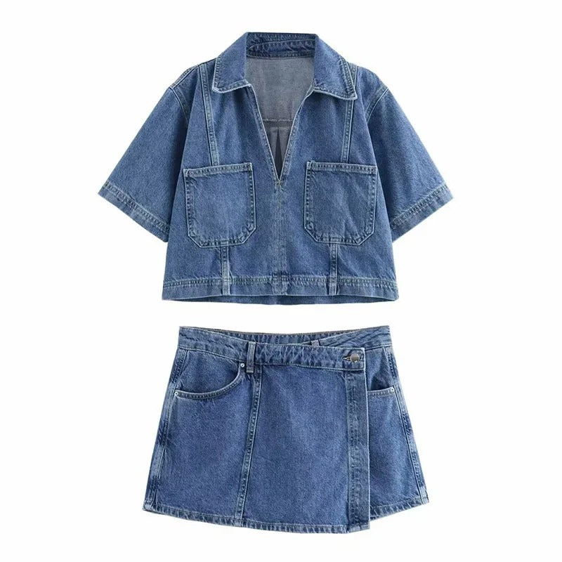 Women’s Spring V-Neck Denim Shirt & Mini Skirt Set – Casual Double-Breasted Two-Piece Outfit