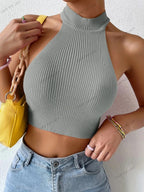 Ribbed Halter Crop Top – Sleeveless Knit Tank for Women