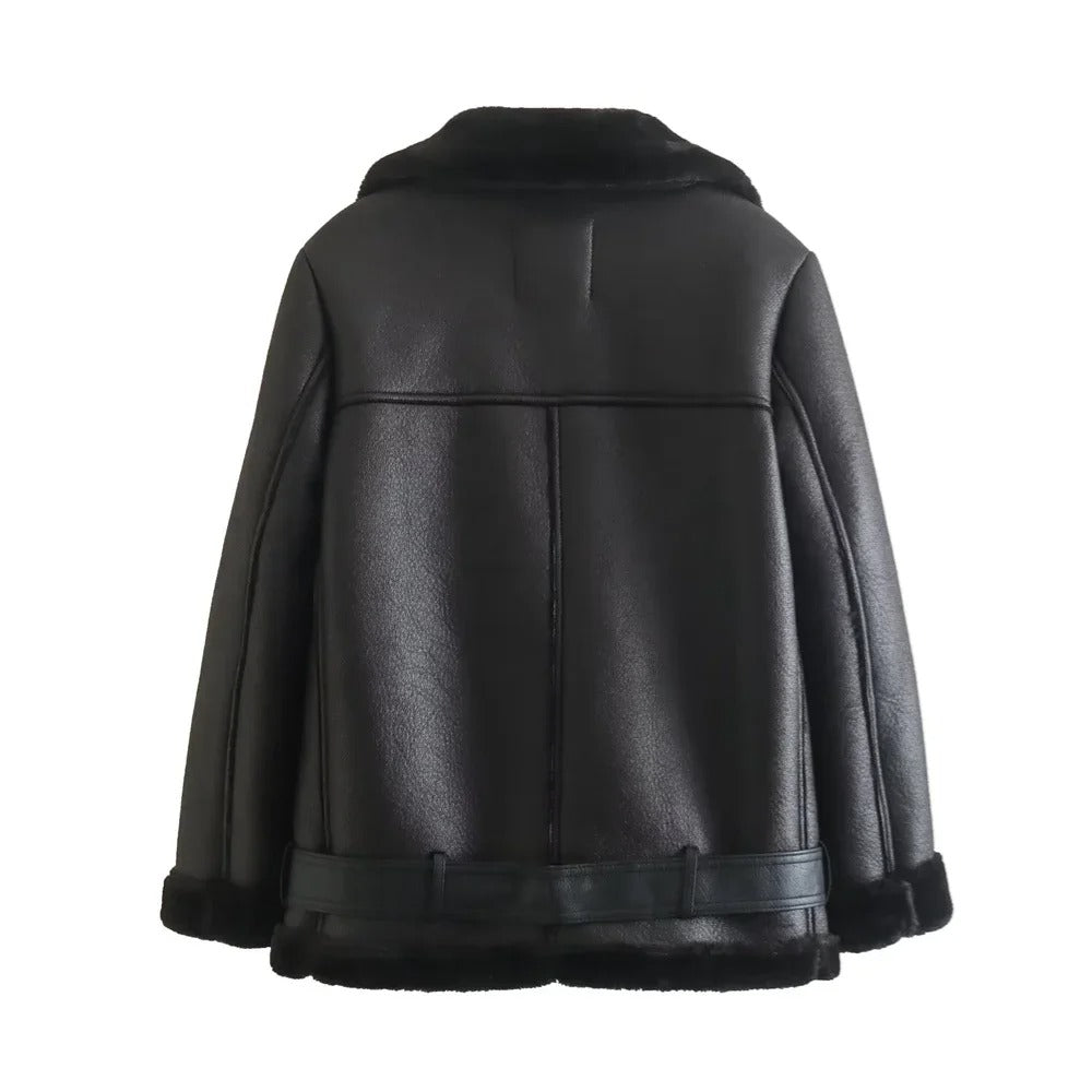 Women’s Belted Moto Jacket –  Fur Lined for Winter