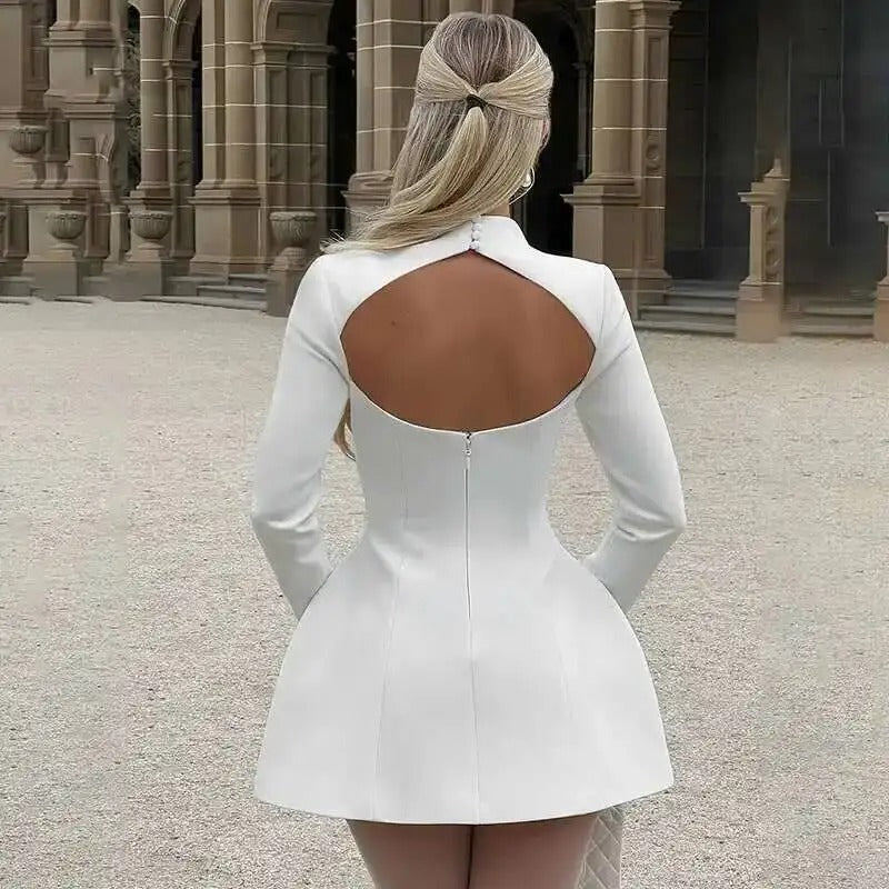 Women’s Backless Bodycon Mini Dress – Long Sleeve, High Neck Fit