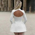 Women’s Backless Bodycon Mini Dress – Long Sleeve, High Neck Fit
