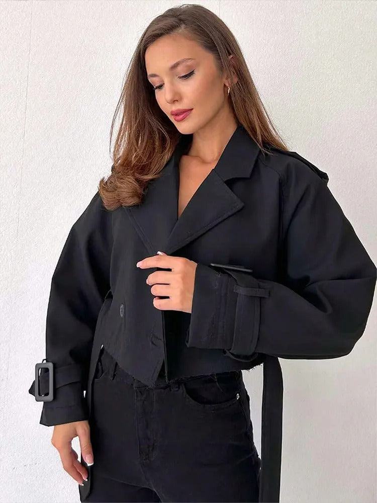 Women’s Cropped Double-Breasted Windbreaker – Retro Belted Streetwear Trench Jacket