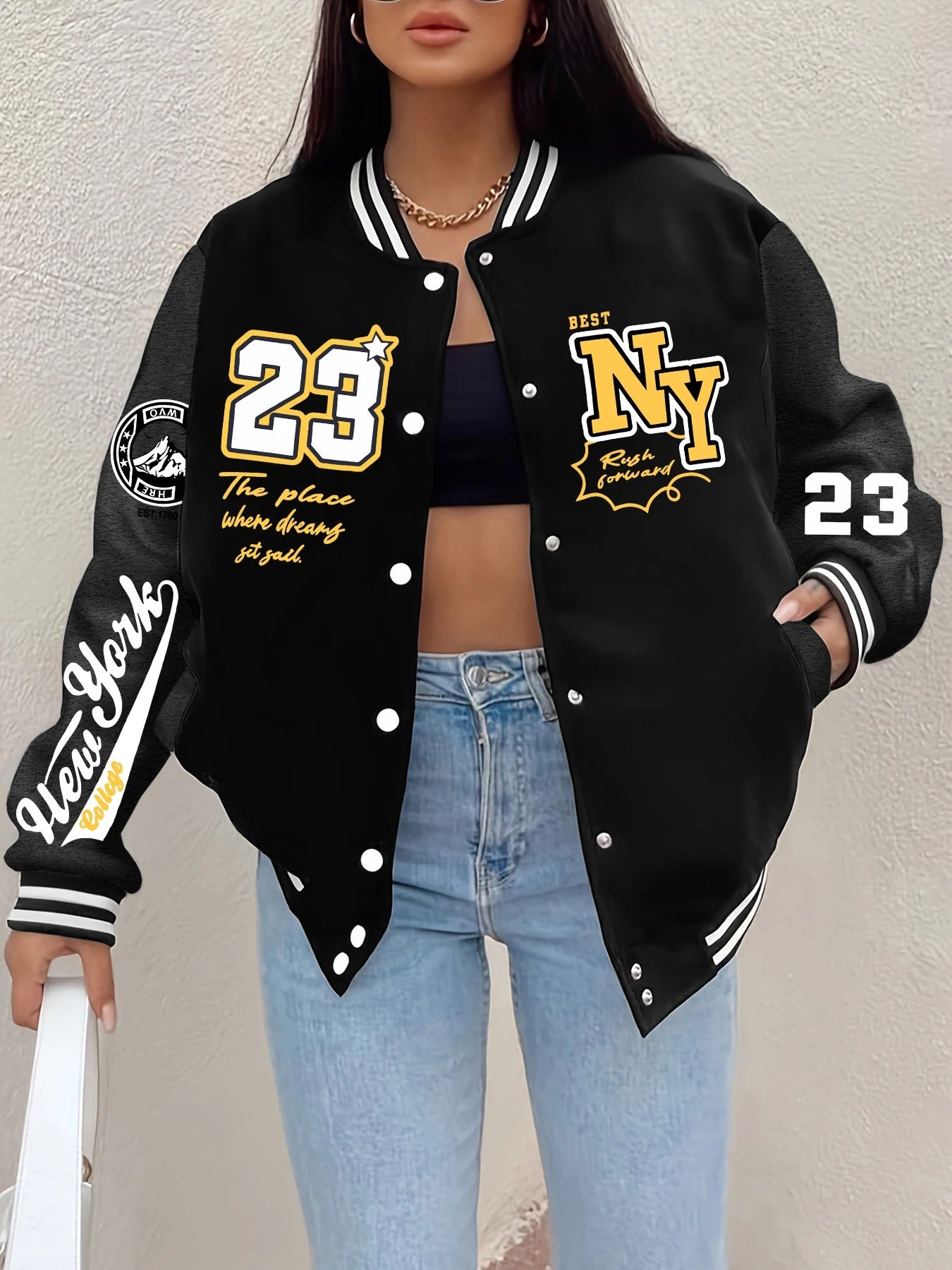 NY Varsity Bomber Jacket – Oversized Streetwear with Patches & Retro Lettering