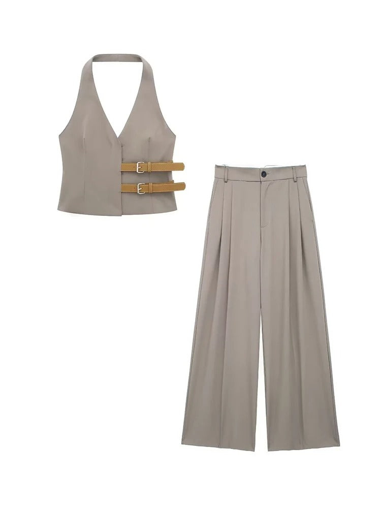 Women's Sleeveless Belted Suit Set with Pleated Wide-Leg Pants – Office Chic Style