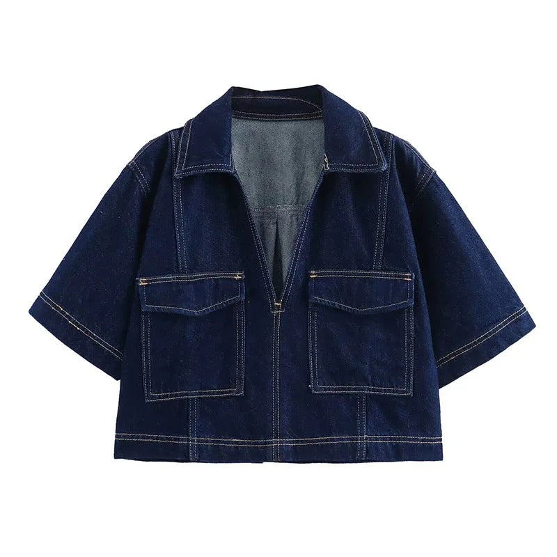 Women’s Spring V-Neck Denim Shirt & Mini Skirt Set – Casual Double-Breasted Two-Piece Outfit